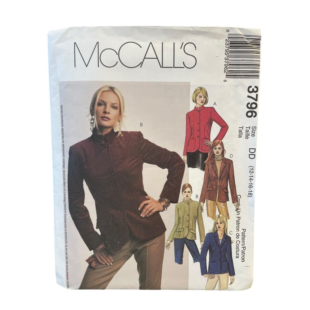 McCALL'S 3796 Misses Lined Jackets Sewing Pattern Size 12-18